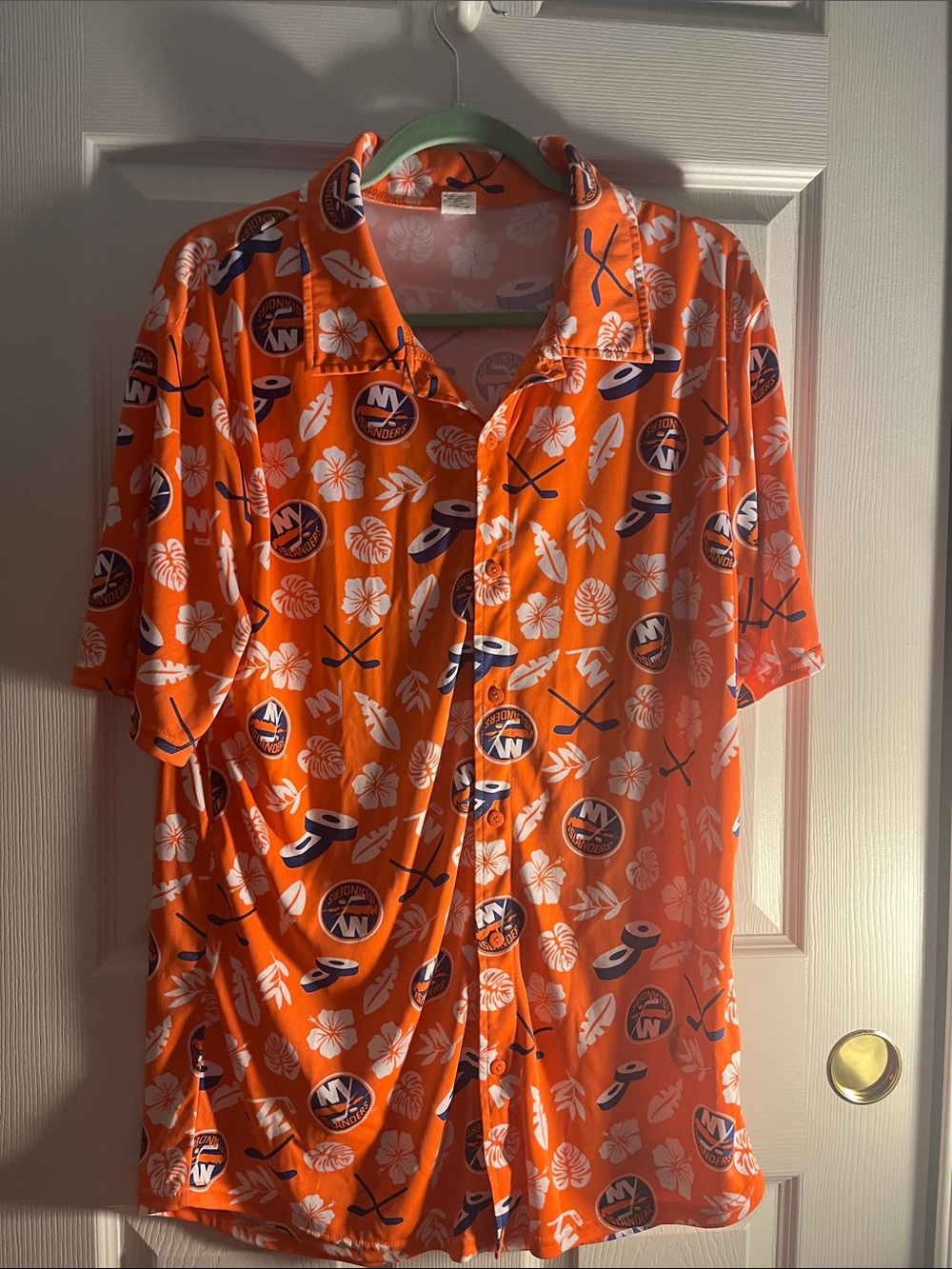 Men's Orange Hawaiian Button-Up Shirt with NY Logos